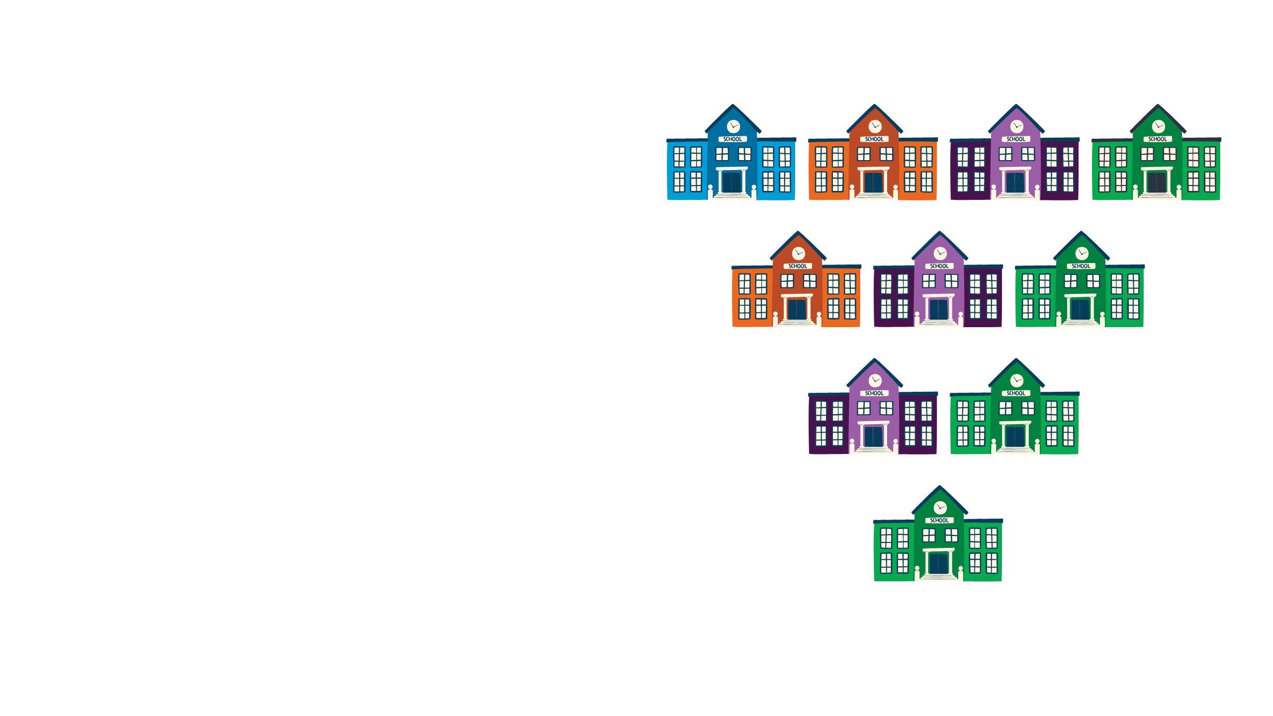 Vector art of nine schools in alternating colors and laid out in an upside down pyramid shape.