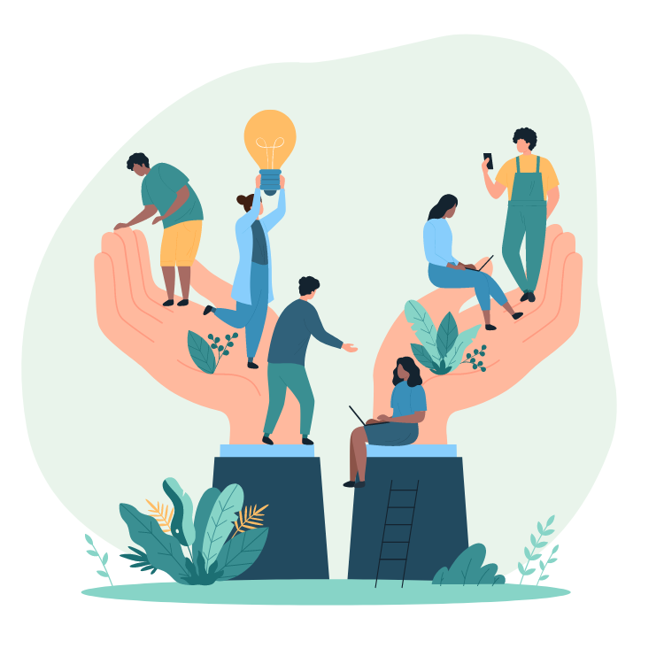 Vector art of two hands with people sitting on the hands doing various activities, like holding up a light bulb, check email, taking a picture, working on a computer, etc., At the base of the hands, there are plants and a ladder. 