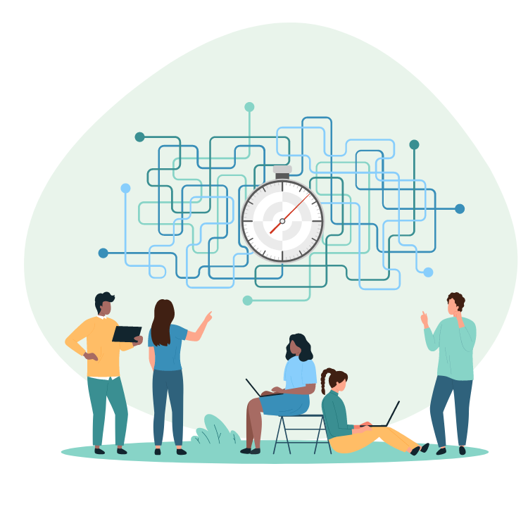 Vector art showing five people busy working on computers or tablets and looking up at a series of interconnecting, squiggly lines. Centered on the lines is a stopwatch. 