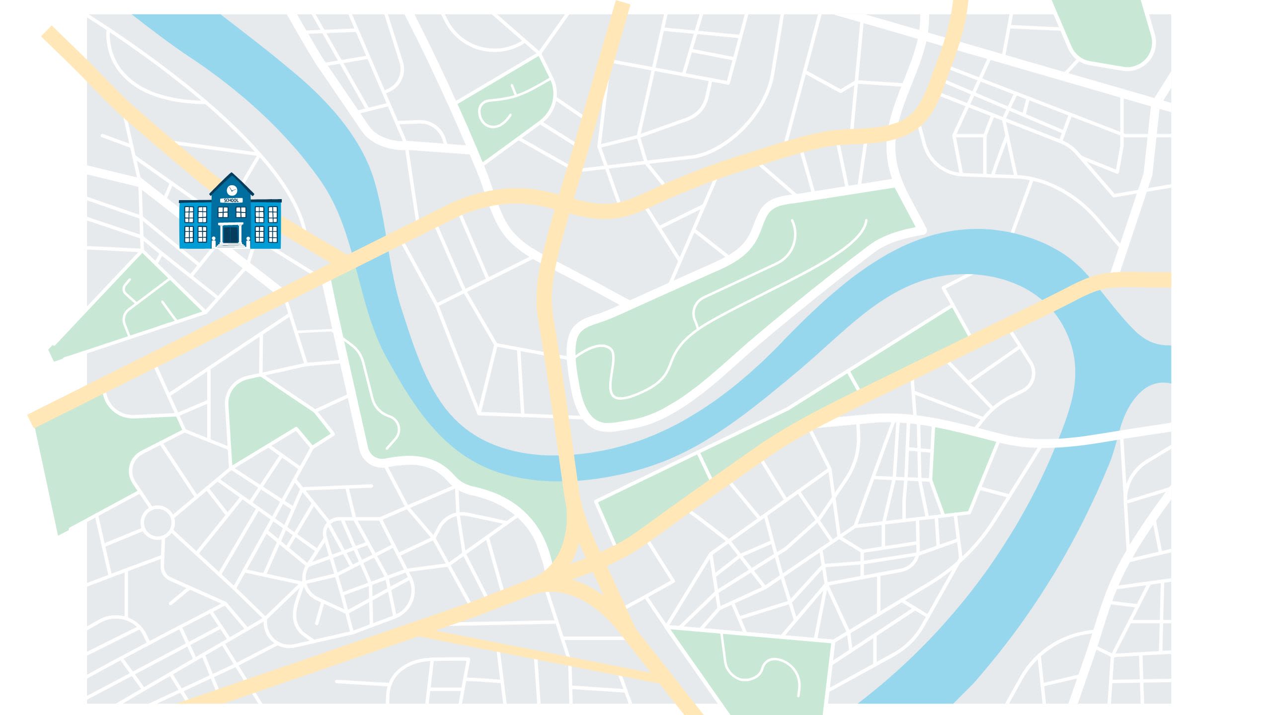 Vector art showing a map of a town with a river cutting through it. An animation makes four schools in different colors appear across the map as the user scrolls. 