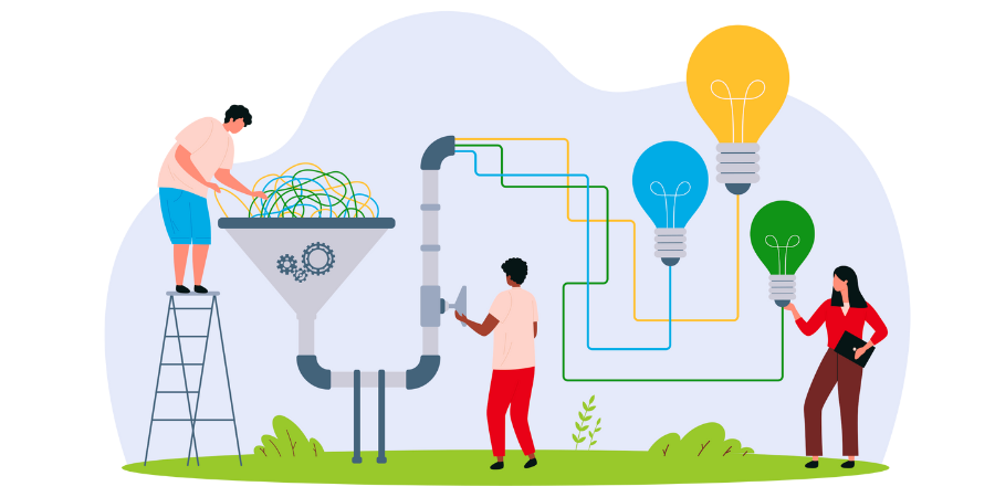 Vector art with squiggle, tangled lines being fed into a funnel by a person, and then another person turns a crank on an attached pipe, and then another person is examining the organized lines extending from the pipe. A light bulb is attached to the end of each line. 
