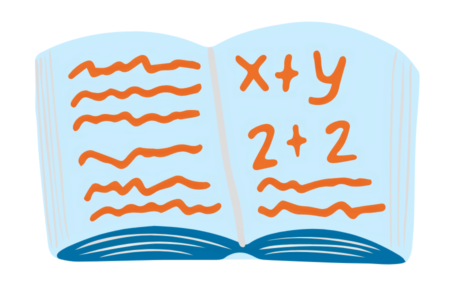 Vector art showing a book with lines and "x + y" and "2+2" on the pages